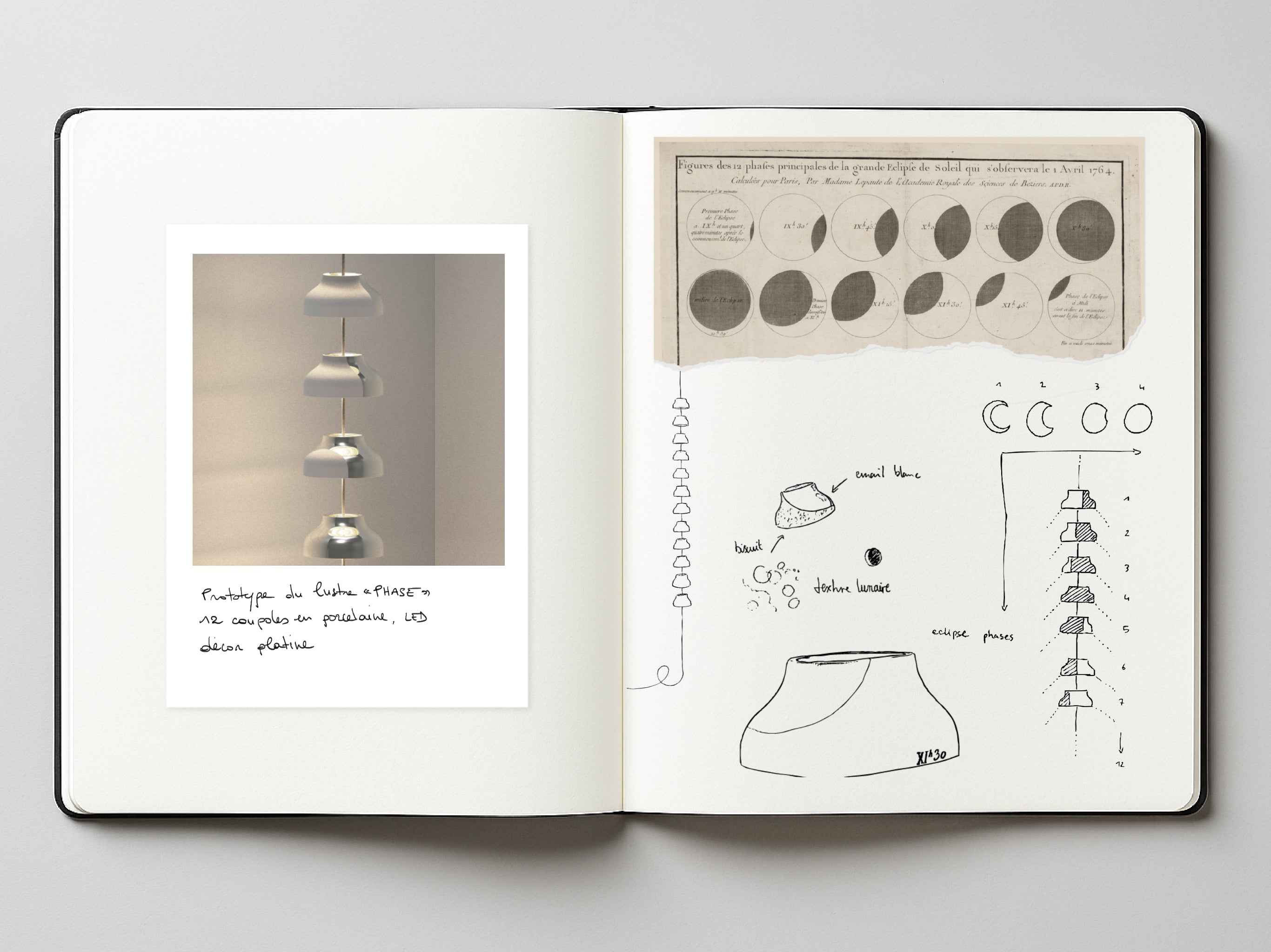 Carnet de Lucas de Rouvray montrant les dessin préparatoires du lustre PHASE