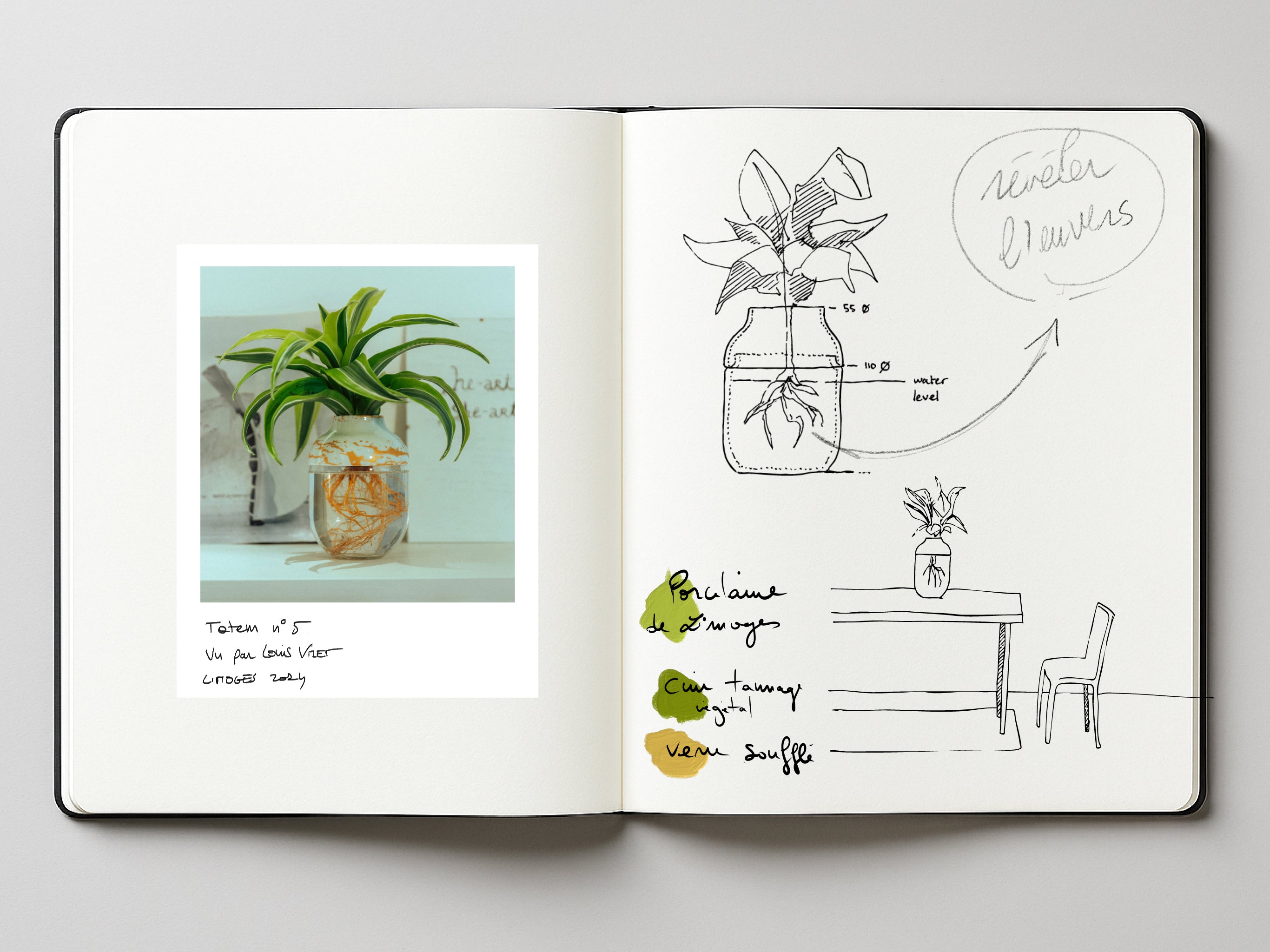 Carnet de Lucas de Rouvray montrant les dessin préparatoires du vase TOTEM